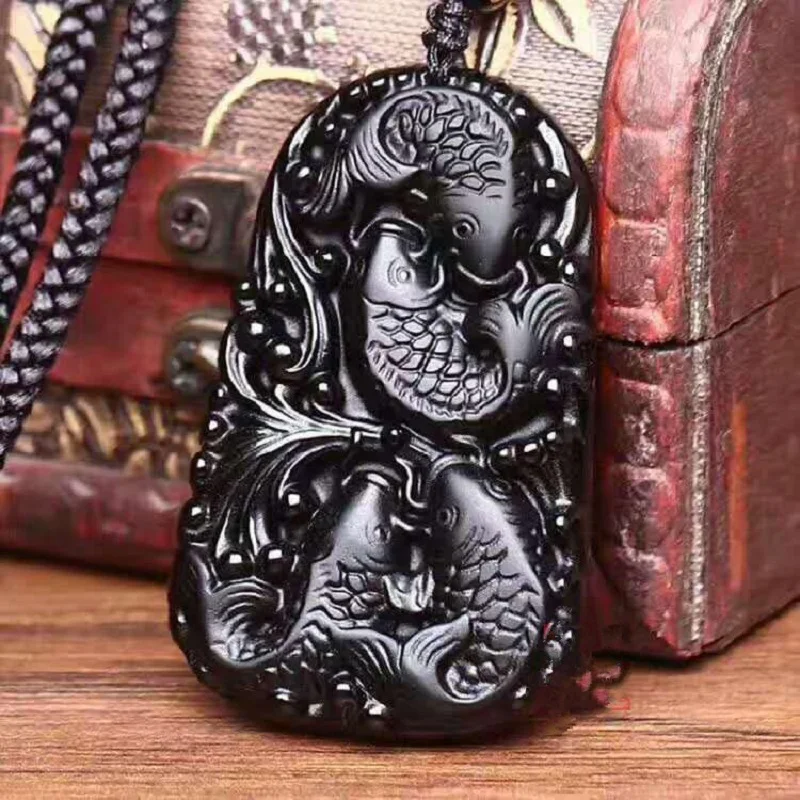 

Hand-carved Natural Black Matte Obsidian Good Luck Four Fish Play Water Pendant + Free Beads Necklace Wholesale Amulet Jewelry