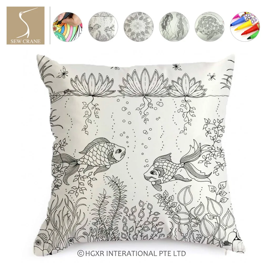 

Jellyfish Tortoise Goldfish Colouring Cushion Graffiti Pillow Cover with Colouring Pen, 18" x 18"