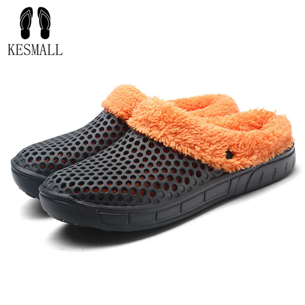 

KESMALL Casual Crocus Clogs With Fur Winter Shoes For Men Soft Plush Slippers Fleece Lining Home Floor Warm Slipper Men Shoes