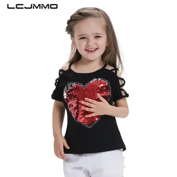 

LCJMMO Fashion Cotton Summer Girls T-shirts With Sequins Discoloration Children Clothes Girl Short Sleeves Tshirts Kids Tee Tops