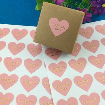

100PCS/Lot Pink Color Thermoprinting Gold "Handmade with love" heart-shaped design Stickers Golden text Sticker Labels