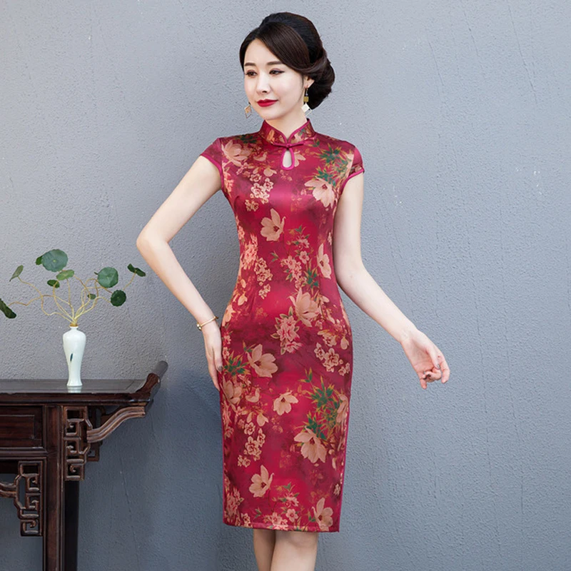 Плюс размеры 4XL женские атласные Короткие Вечернее Ципао китайский Женская Qipao пикантные с цветочным принтом платья для женщин Винтаж Кнопка ZAYS521