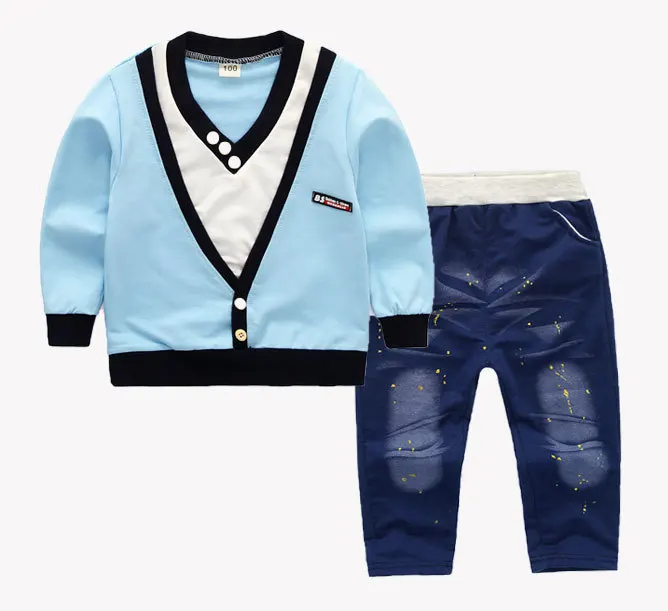 

Children clothing set long sleeve t-shirt with denim pants 2pcs/set for boys clothes jeans