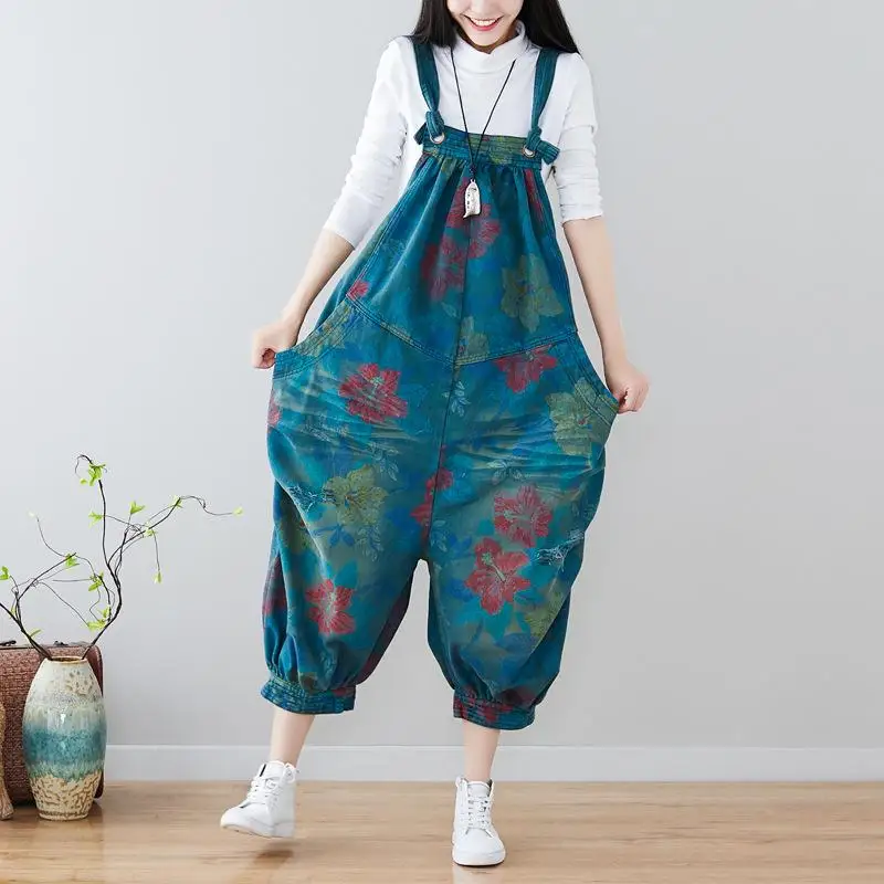 

Autumn Printed Lantern Jumpsuits Vintage Trousers Slim Adjustable Bib Pants Pregnancy Clothes Maternity Overalls