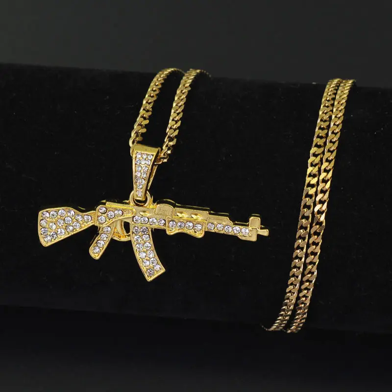 Bling bling пистолет AK-47 хип-хоп кулон ожерелье, iced out кубинская Длинная цепочка ling золото серебро ювелирные изделия