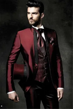 

2018 High Quality One Button Dark Red Groom Tuxedos Groomsmen Mens Wedding Suits Prom Bridegroom (Jacket+Pants+Vest+Tie)