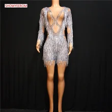 Женские прозрачные сетчатые цельные шорты со стразами платье с бахромой одежда для сцены большое платье-стретч для выступления певца с кисточками