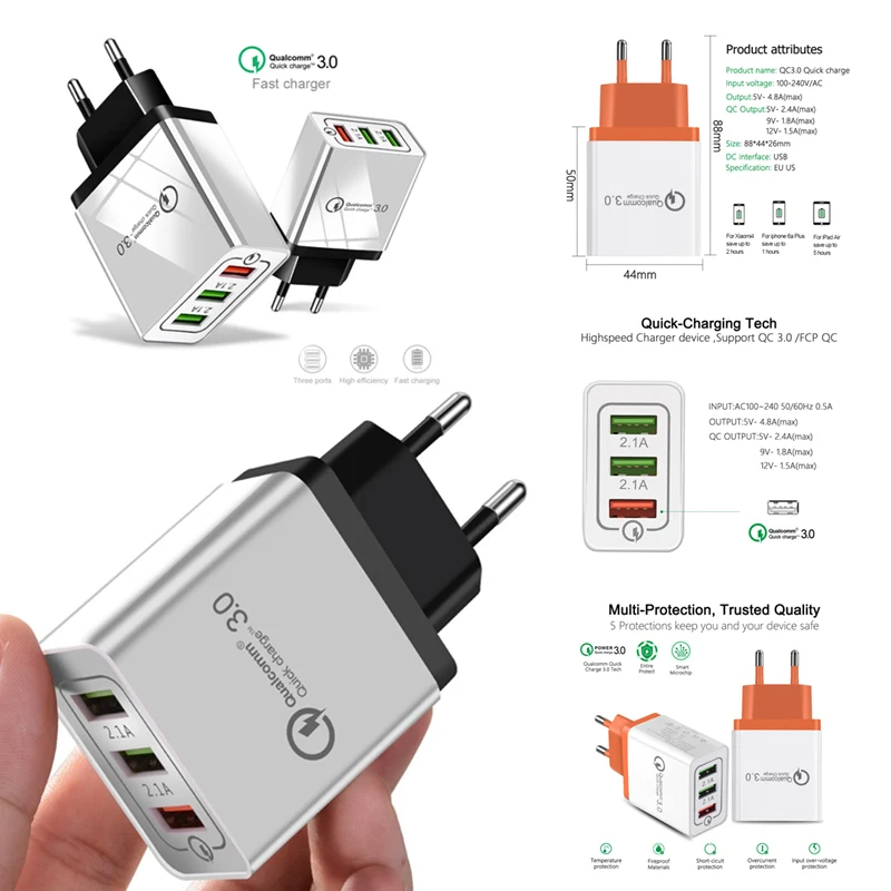 

Quick Charge 3.0 USB Charger Fast Charging Wall Charger For iPhone XS/XS Max/XR/X/8/8 Plus/7/7 Plus/6/6S/6S Plus/5/5S/SE/5C/4/4S
