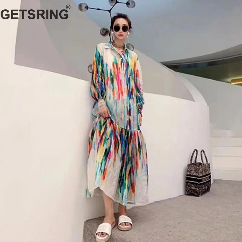 

GETSRING Women Dress Color Matching Long Sleeve Dresses Shirt Loose Casual Plus Size Long Summer Chiffon Dresses Women 2019 New