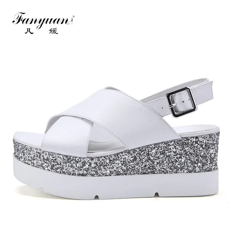 

Fanyuan Wedge Sandals Women High Heel Platform Shoes Cow Leather Gladiator Sandals Fashion Glitter Wedges Summer Shoes Woman