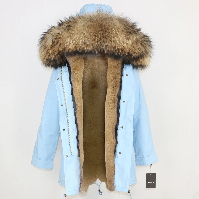 OFTBUY, зимняя женская куртка, пальто из натурального меха, длинная парка, воротник из натурального меха енота, Толстая теплая уличная верхняя одежда, Повседневная Новинка - Цвет: light blue natural D
