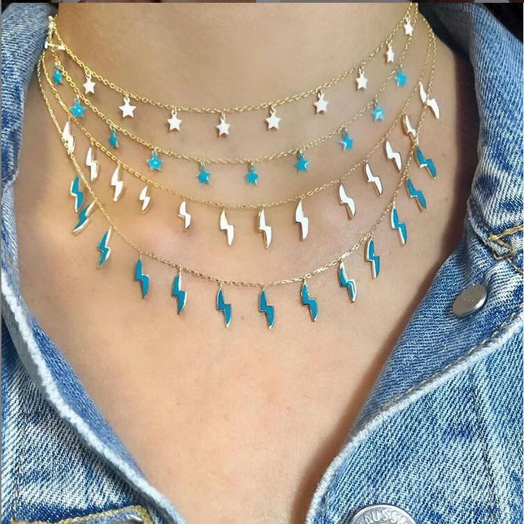 

925 sterling silver Statement chain choker charm lovely enamel blue lightning gold filled top quality summer necklace for women