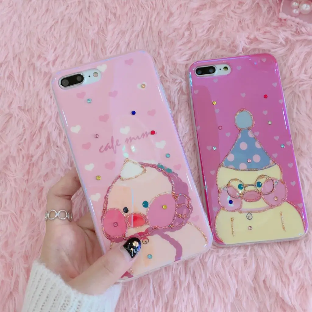 

Rlenda Funny Yellow Duck Cartoon cafe mimi pattern Rhinestone Blue-ray Silicone Soft cover phone case for iphone X 7 Plus 8 6 6S