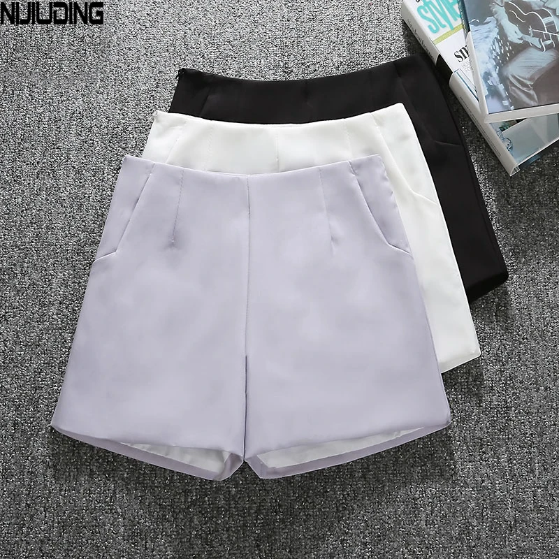 

NIJIUDING Summer Style Fashion Casual High Waist Shorts Black Gray White Casual Vintage Women Short S M L XL Wide Leg Shorts