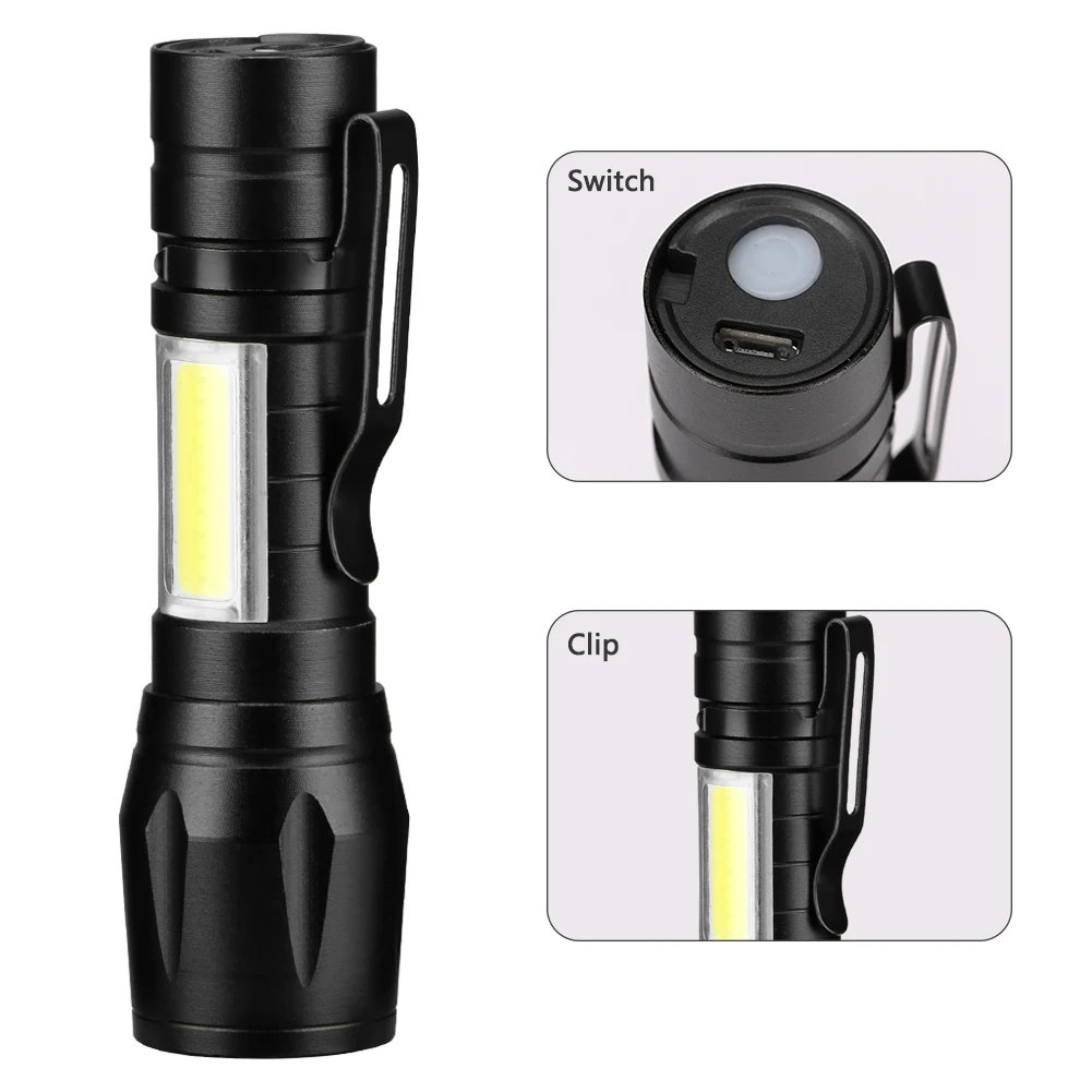 Newest USB Charging XPE+COB LED Flashlight Lamp Torch With Clip 3 Mode Zoomable Lamp Built in Battery with Box For Gift Light