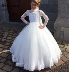 Белые платья с высоким воротником и длинными рукавами для маленьких детей; бальное платье с кружевной аппликацией; Платья с цветочным