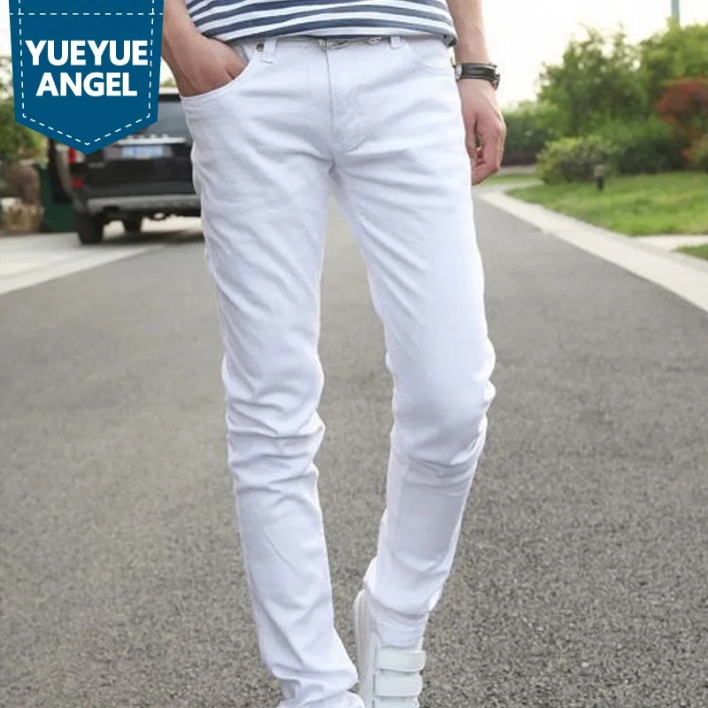 Золотая кнопка-застежка новые брюки карандаш мотоциклетные штаны мужские джинсы модные белые брюки 2019 тонкий эластичный байкерские