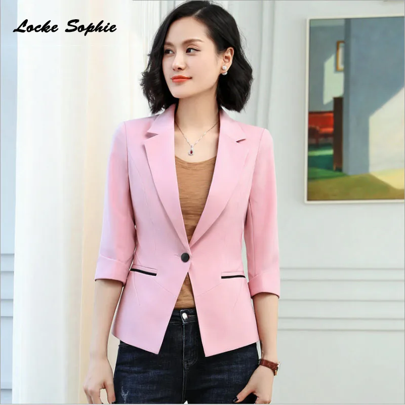1pcs Women Plus size Blazers coats 2019Summer cotton blend Splicing Middle sleeve Suits jackets ladies Skinny Blazers Suits coat