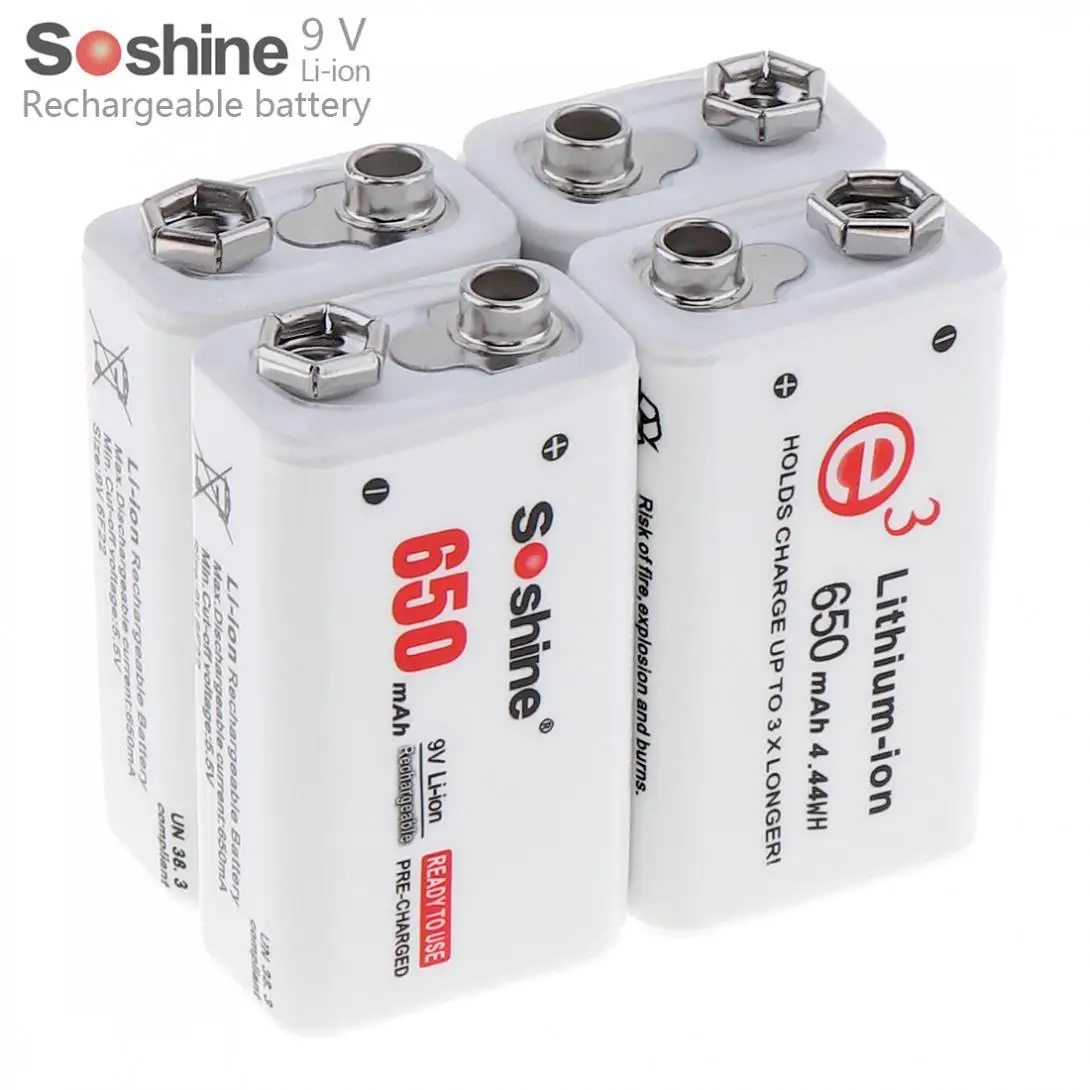 4pcs Soshine 650mAh 9V 6F22 Li ion Rechargeable Battery with Portable Battery Box for Multimeter Wireless