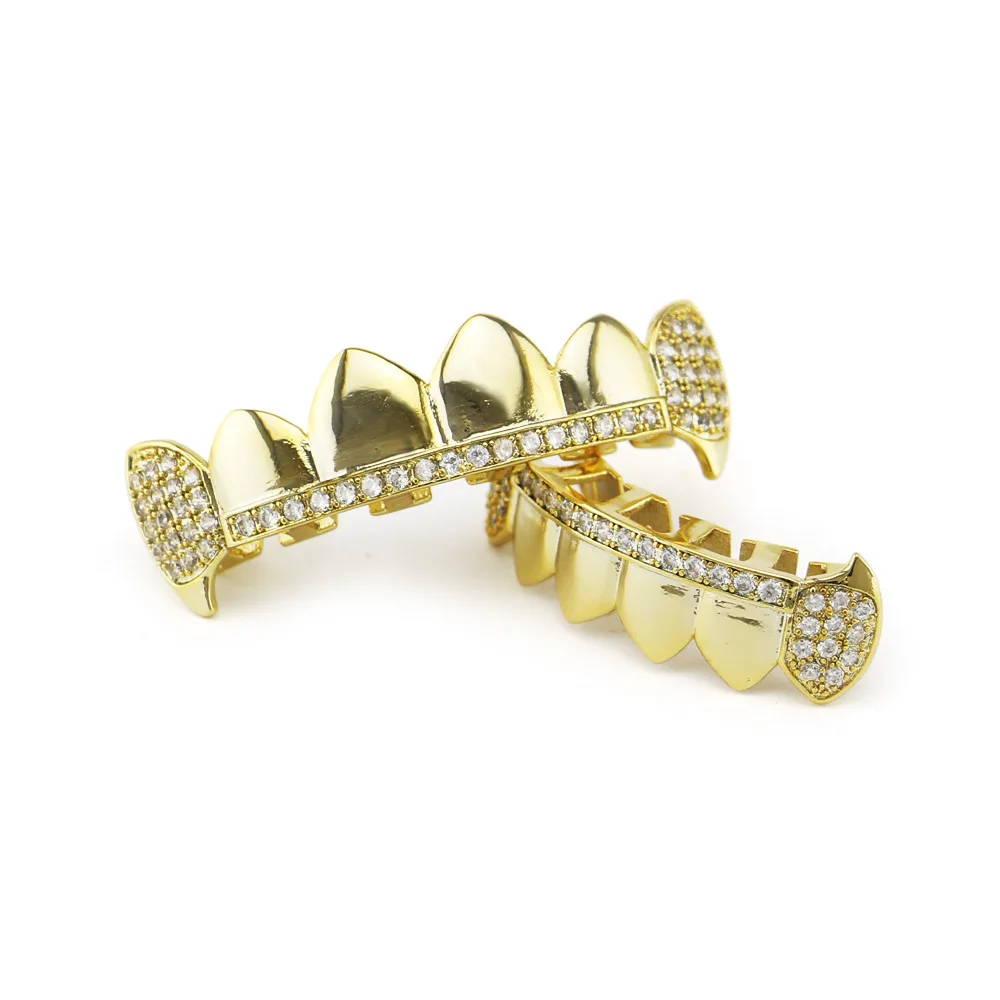 Factory Bottom Price CZ Iced out Grillz Set Fashion Men Jewelry Hip Hop Teeth Grillz Gold Color Tooth Grills Cap Mouth Accessory (3)
