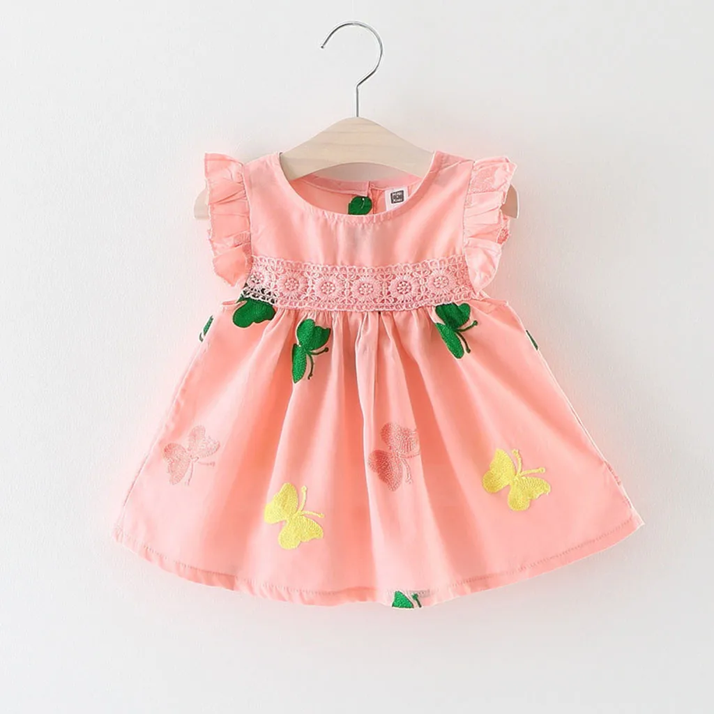 

2019 Summer Girl Dress Butterfly Embroidery Tunic Pink Ruffle Lace Princess Dresses Little Girls Clothes 1 2 3 Years