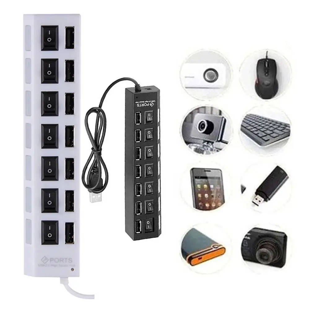 

7-Port USB 2.0 Multi Charger Hub+High Speed Adapter ON/OFF Switch Laptop PC Power Charging Port USB Hub New