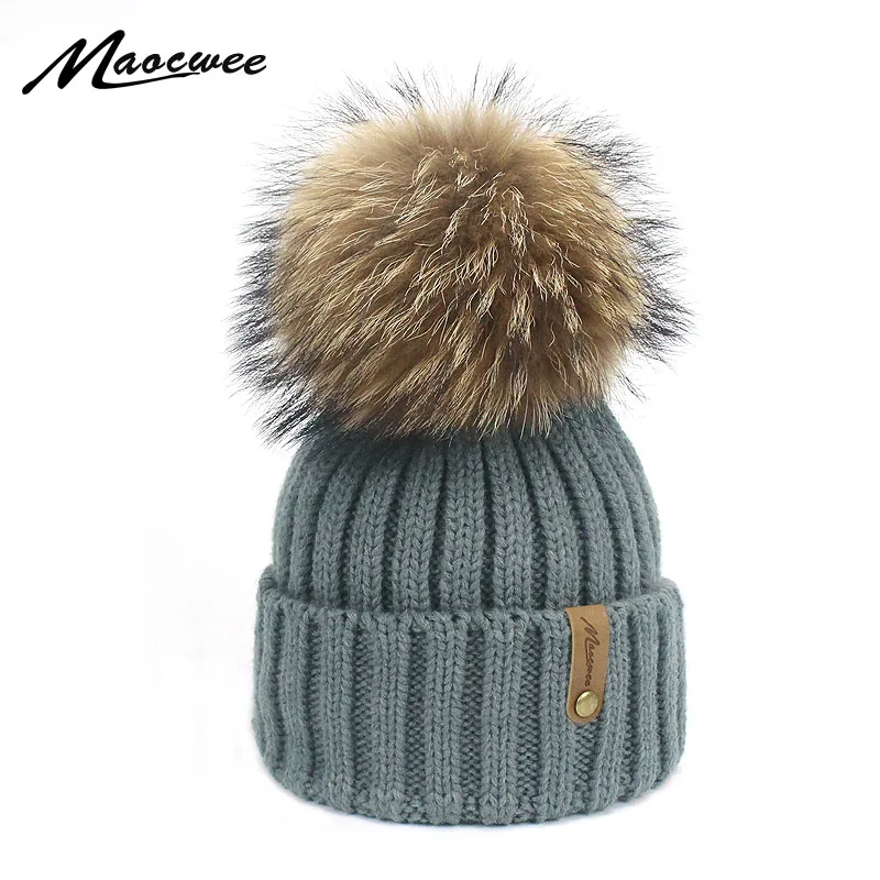 Child Baby Warm Winter Real Large Raccoon Fur Pom Pom Knitted Beanie Thick Hat