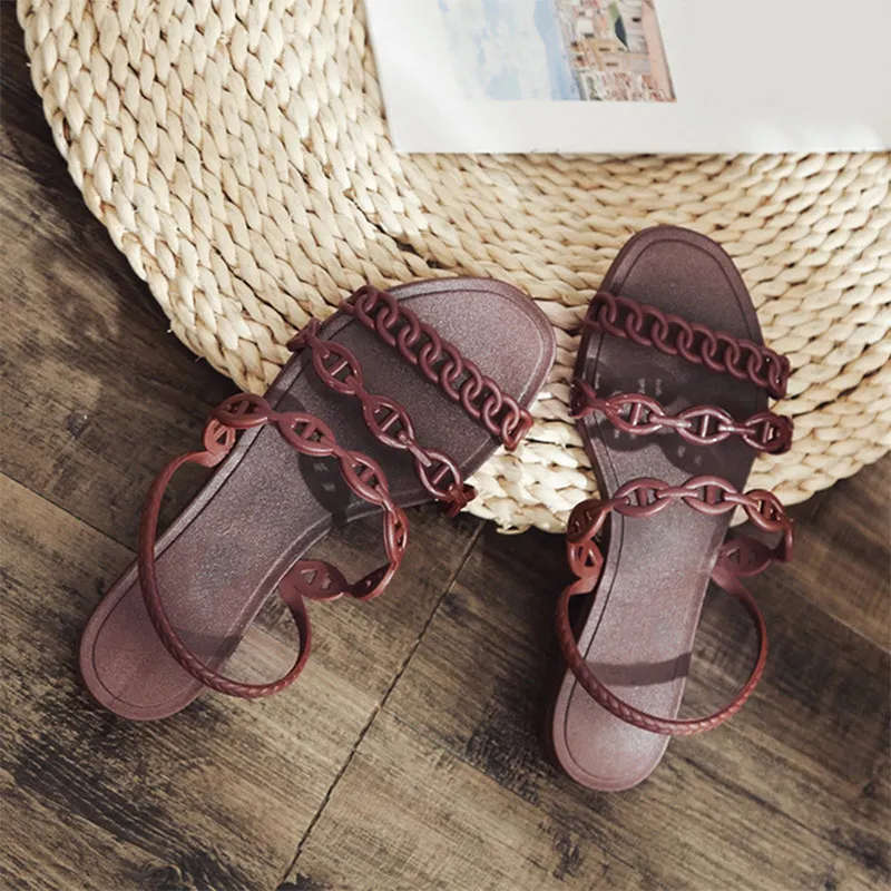 Женские сандалии на плоской подошве с ремешком на лодыжке; удобные тапки из прозрачного пластика с открытым носком; Женская Повседневная пляжная обувь; модная летняя обувь - Цвет: brown