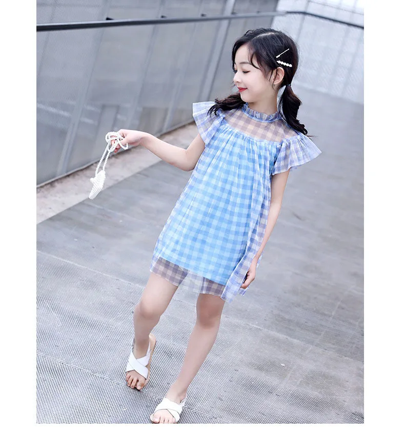 Teenage Kids Mesh Dress Patchwork Ruffles Collar Blue Plaid Princess Dress For Girls A Line Big Children Clothing Summer 2019 3 4 5 6 7 8 9 10 11 12 13 14 15 16 years little teen clothing girls dress (3).jpg