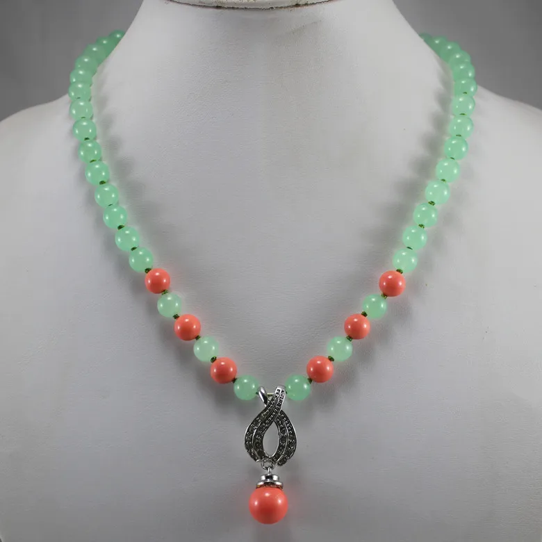 

factory price wholesales/retail simple 8mm green jade mixed orange pearl necklace+14mm shell pearl pendant gift free shipping