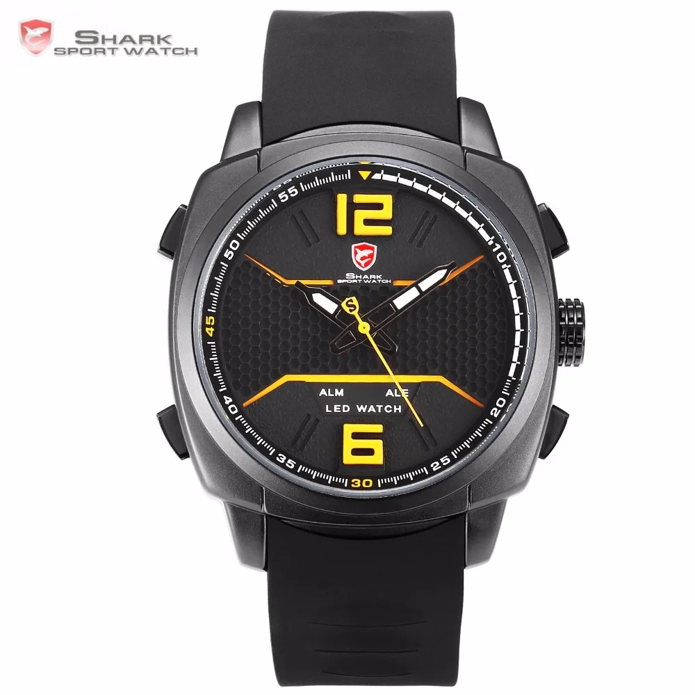 

Whitetip Reef Shark Sport Watch Men LED Yellow Analog Date Alarm Silicon Band Quartz Digital Wrist Watches Uhren Herren /SH489