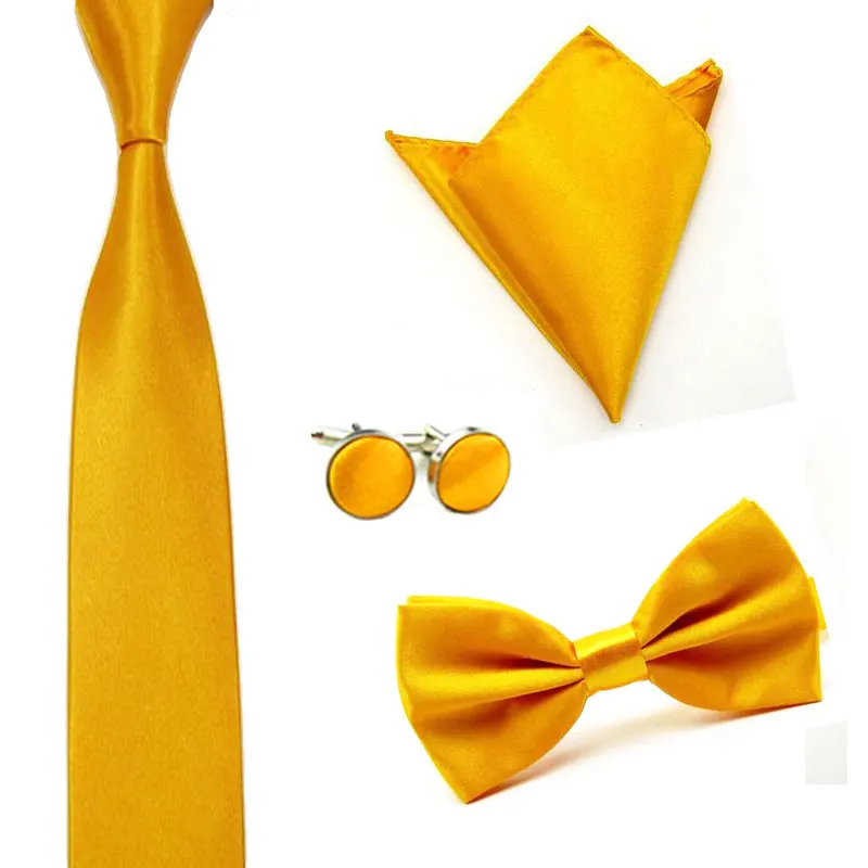 Мужской Одноцветный Атласный Галстук-бабочка, платок, карманный квадратный запонка, набор BWSET0024 - Цвет: Yellow