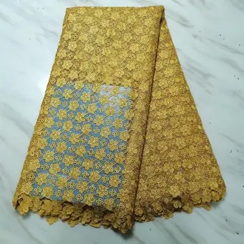 

Gold Water soluble African Lace Fabric2019 French Cord Lace Fabric Embroidered Nigerian Tulle Lace Fabric With Stone For Wedding