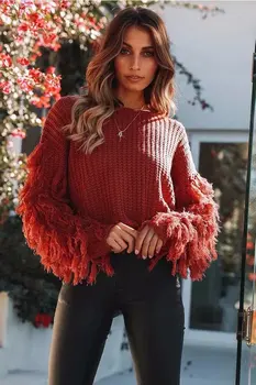 

Sweater Women Sale Real Europe And America Long-sleeved Tassel Sweater Female 2019 Autumn Winter Sweet Round Neck Loose Knit