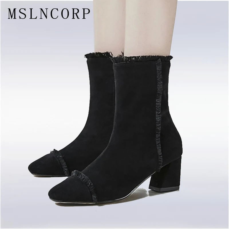 

Plus Size 34-43 New Dress Ankle Boots Sexy Lace High Heel Women Spring Autumn Snow Boots Side Zipper Shoes Woman Martin Boots