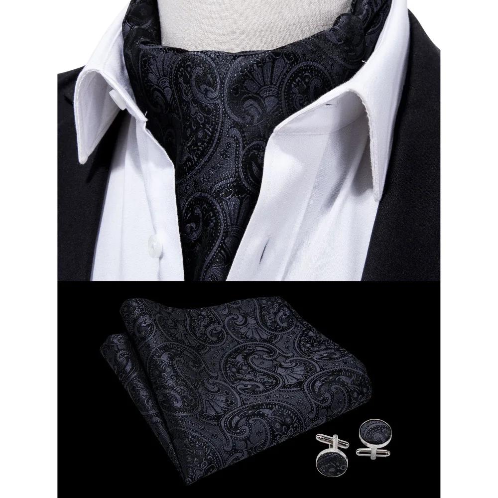 Barry.Wang Fashion Black Men Ascot Paisley style Cravat Tie Scrunch Self British Silk Set For Men Formal Wedding Party LF-0008