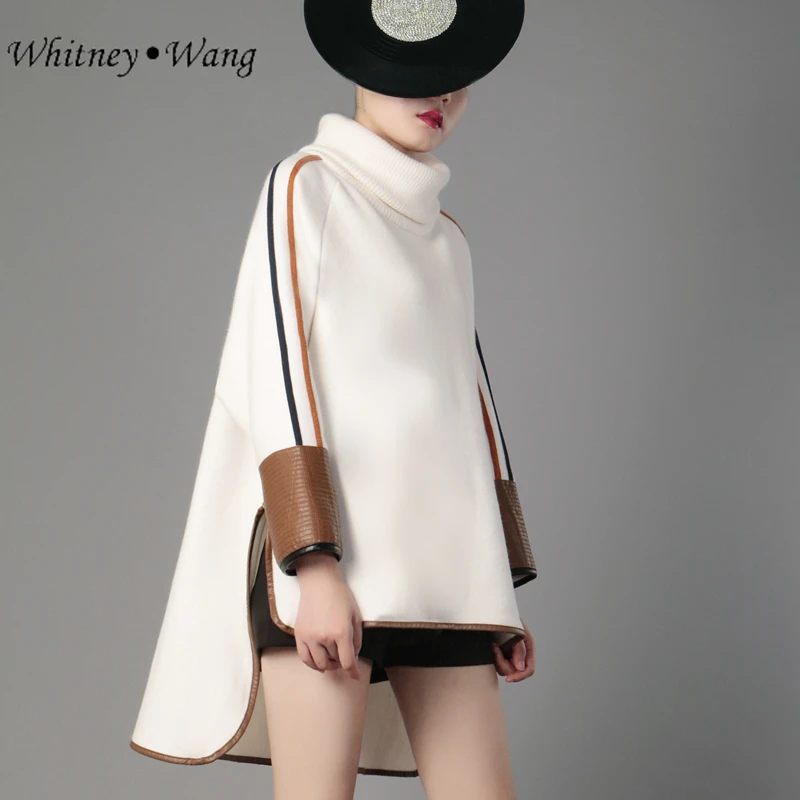 WHITNEY WANG 2018 осень WinFashion уличная PU лоскутный Свитер оверсайз женский джемпер pull femme
