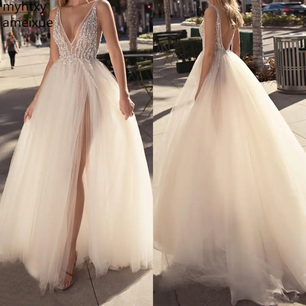

2019 New Tulle White Evening Gowns Backless V Neck High Split Sexy Prom Party Custom Occasion Dresses Cheap Hi Low Dress