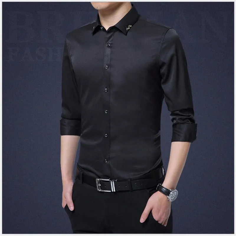 BDLJ Новая высококачественная брендовая мужская рубашка с длинными рукавами, британский Шелковый костюм, рубашка большого размера, повседневная мужская рубашка - Цвет: Black