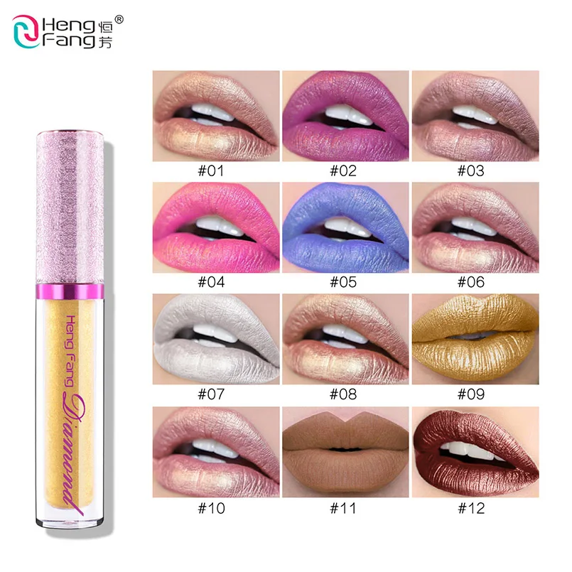 

HengFang 12 Colors Glitter Liquid Lipstick Pro Lips Makeup Waterproof Diamond Metallic Lip Gloss Cosmetics Lip Tint Maquiagem