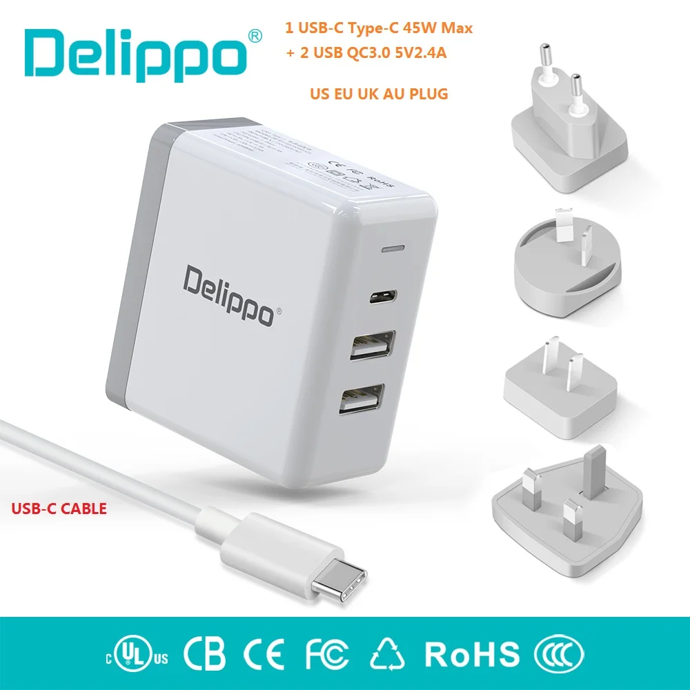 Delippo UL указано 65 Вт USB C зарядное устройство PD& QC 3,0 USB 3 в 1 дорожное настенное зарядное устройство совместимо с iPhone планшет ноутбук и многое другое