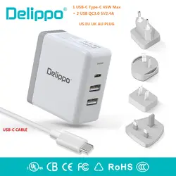 Delippo UL указан 65 Вт USB C зарядное устройство PD & QC 3,0 USB 3 в 1 зарядное устройство для путешествий Совместимо для iPhone планшет ноутбук и многое