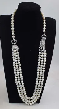 

3rows freshwater pearl white near round shape 8-9mm +dragon clasp necklace 30-32inch FPPJ wholesale beads nature