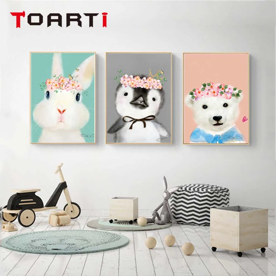 Cartoon Vivid Animals Pig Rabbit Penguin Wall Art Murals Poster&Prints Canvas Painting For Kids Bedroom Wall Picture Home Decor (1)