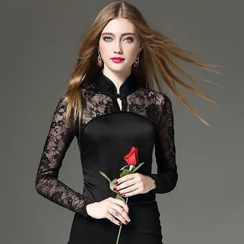 

Chinese Style New 2017 Autumn Winter Women's Fashion Sexy Stand Lace Undershirt Tees Female Slim Hollow Out T Shirt Tees Brand