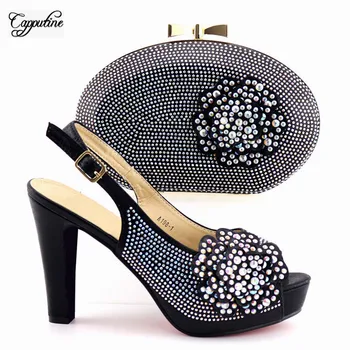 

Latest black evening party high heel sandals with purse nice shoes and bag with stones A198-1 heel height 11.3cm