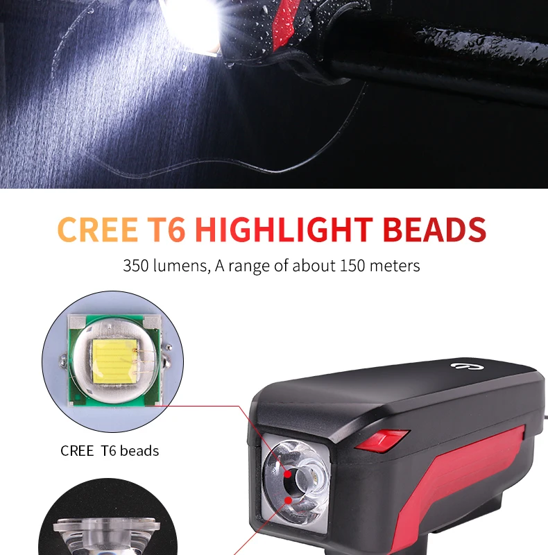 Cheap WHEEL UP Bike Bicycle Horn Headlight USB Rechargeable LED Lamp IPX5 350 Lumens Cycling Headlight With Horn Handlebar Flashlight 5