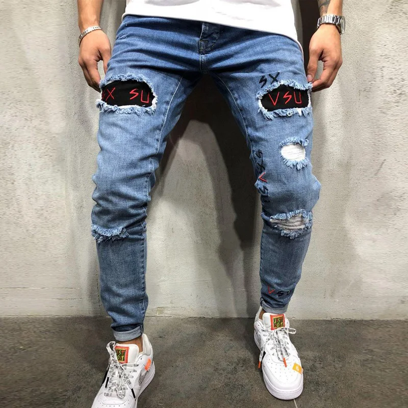 Stylish стильные джинсы modis homme, рваные джинсы, байкерские узкие прямые потертые джинсы с вышивкой, узкие джинсы, Мужские штаны - Цвет: LF1901