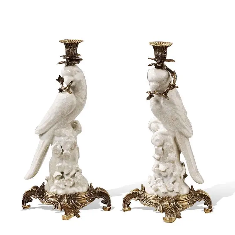 European Style Antique Brass and Ceramic Bird Decorative Candlesticks