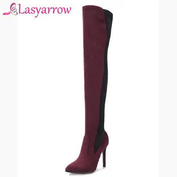 

Lasyarrow Sexy Slim Over the Knee Boots Women's Black Thigh High Stiletto Boots Warm Lycra High Heels Long Botas Feminina F128